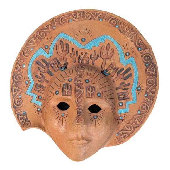 Handcrafted Terracotta Wall Mask Tribal Cactus Design Blue Accents - Picture 6 of 13